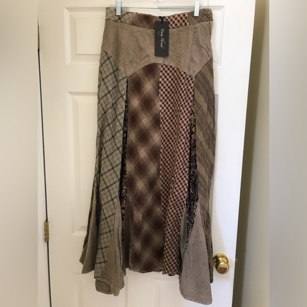 Womens Patchwork Mix-Media Maxi Skirt in Brown